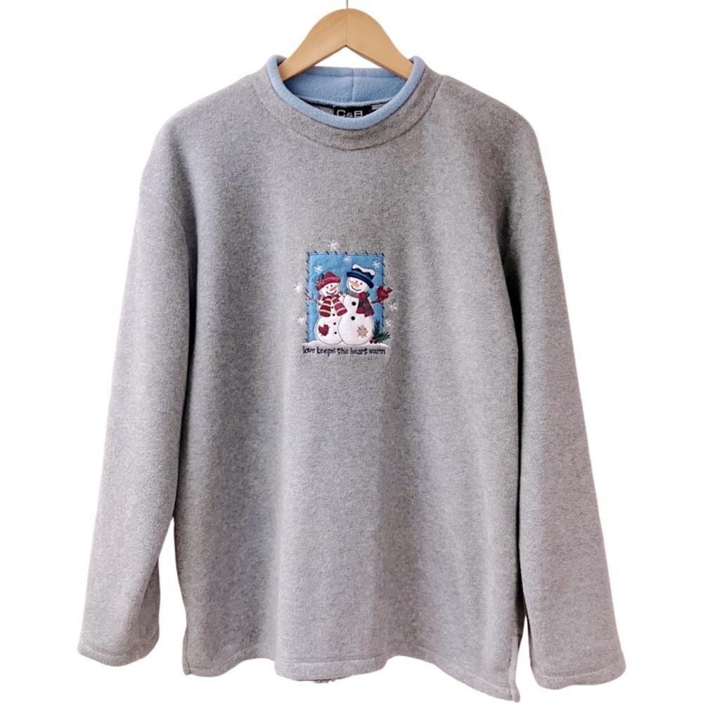 Vtg C&B Sport Womens Fleece Pullover Top SIZE Large Gray Embroidered Snowman